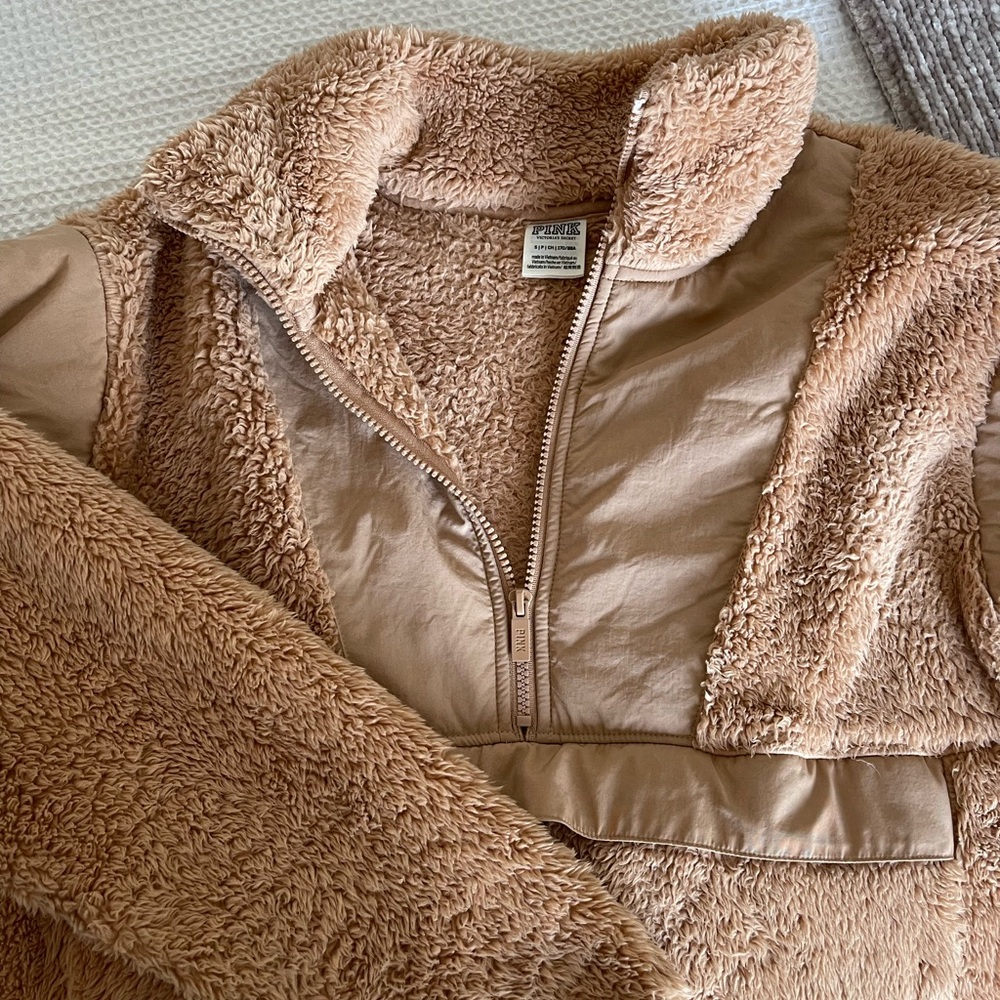 PINK tan/cream fleece quarter zip pullover women’s size small